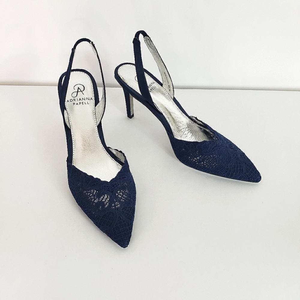 Adrianna Papell navy blue lace sling back heel pointed toe size 8